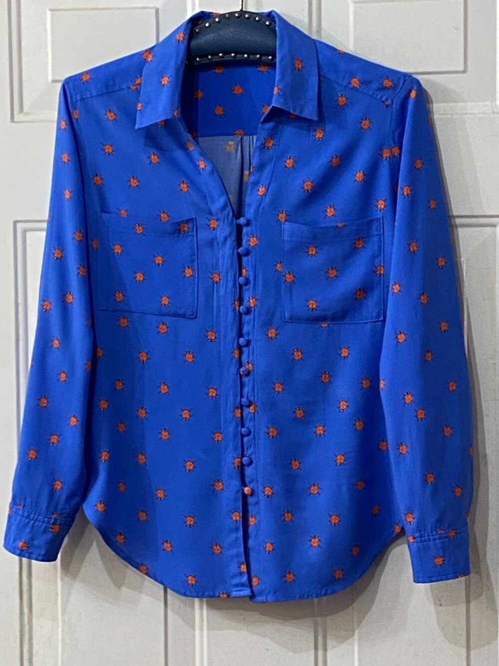 Velvet Heart Sz S Womens Blouse Button Up Shirt Long Sleeve Blue/Red Lady Bugs